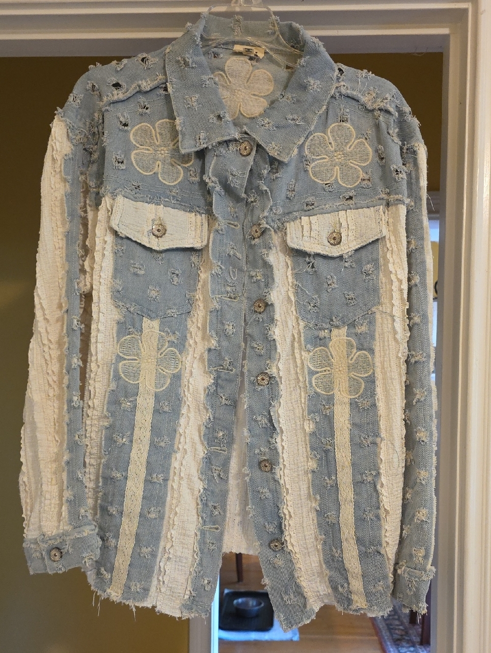 NWOT POL Distressed Denim Jacket with Floral Appliqué
